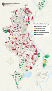 Map of all campus parking lots affected by gameday parking.