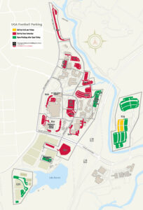 Map of East Campus parking lots affected by gameday parking.