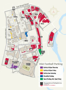 Map of North Campus parking lots affected by gameday parking.