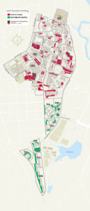 Map of South Campus parking lots affected by gameday parking.
