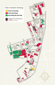 Map of West Campus parking lots affected by gameday parking.