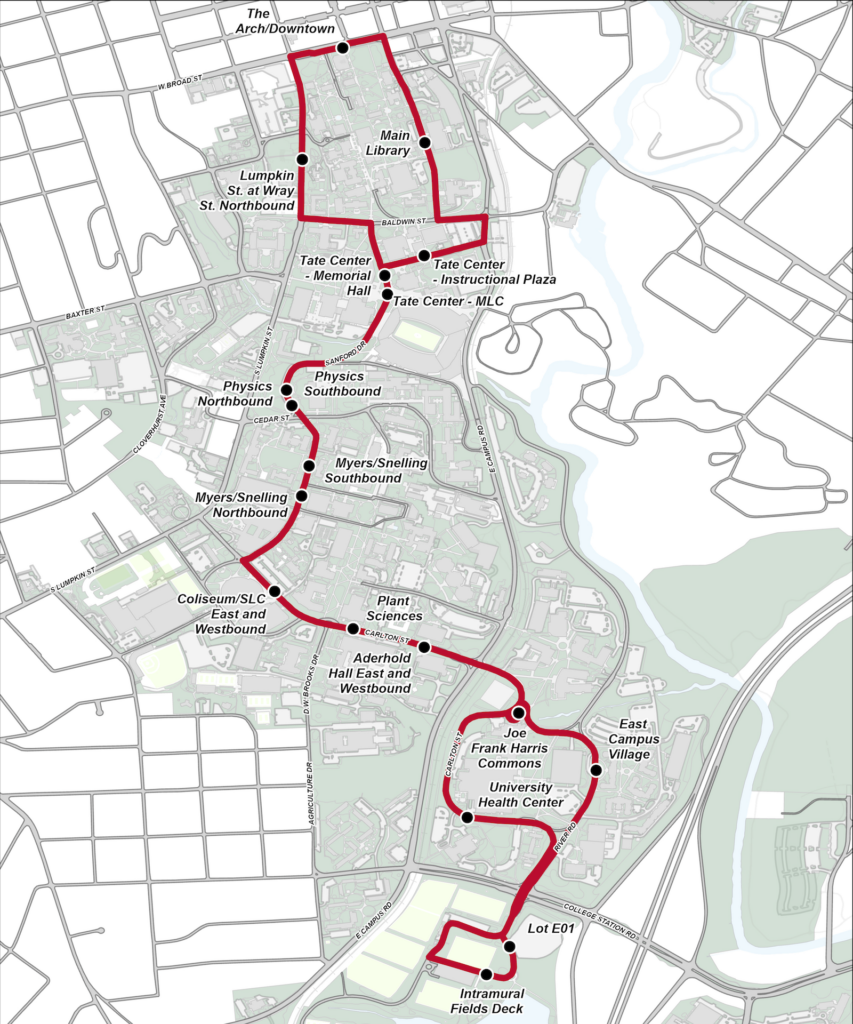 Map of the B - Main Campus bus line.
