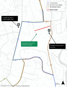 Map showing the detours for the A - Central East, DN - North South (Night), and MN - Milledge (Night) bus routes.