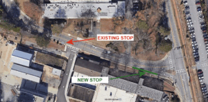An aerial photograph of Cedar Street showing the old and new eastbound bus stop locations.