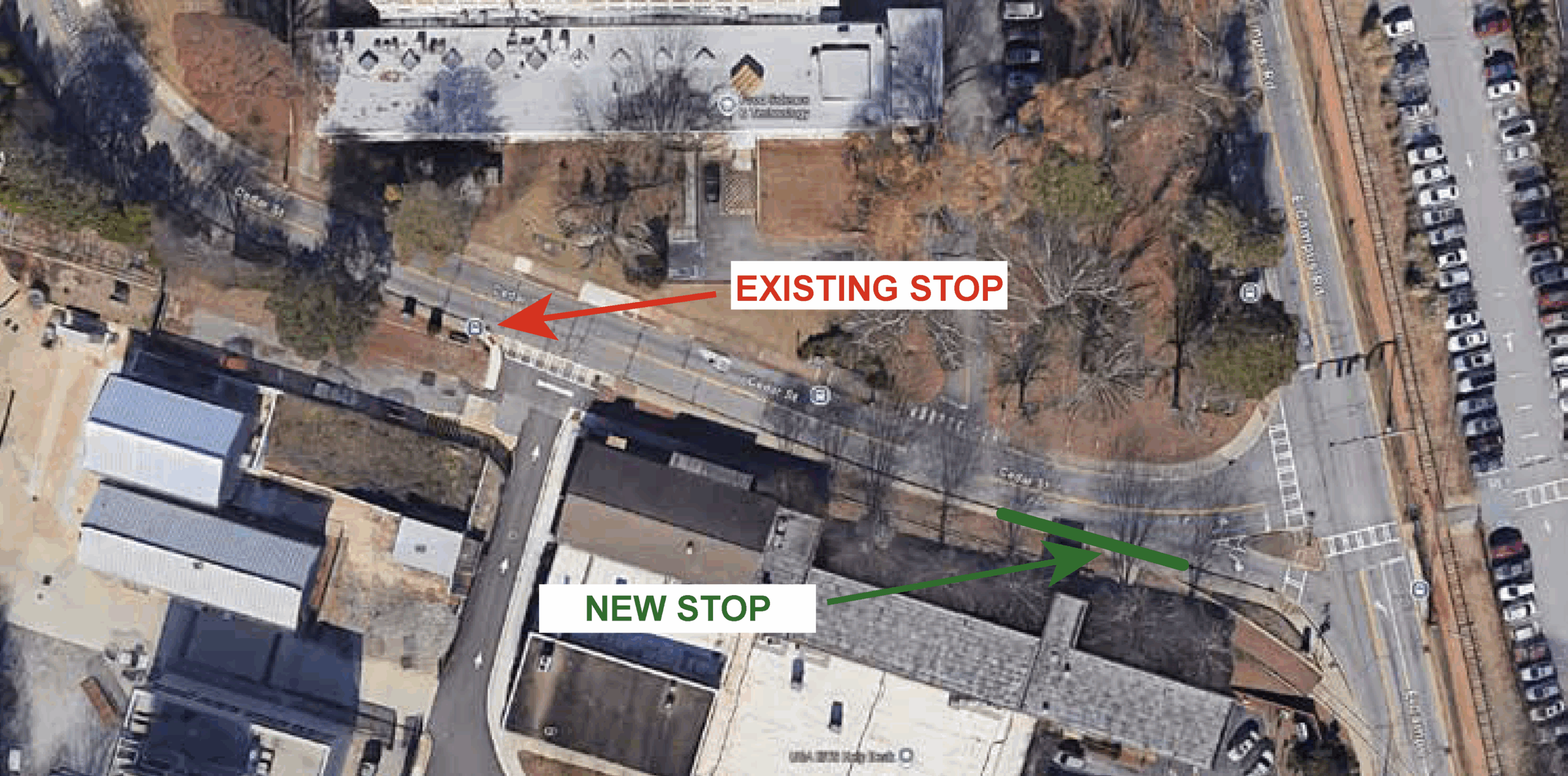 An aerial photograph of Cedar Street showing the old and new eastbound bus stop locations.