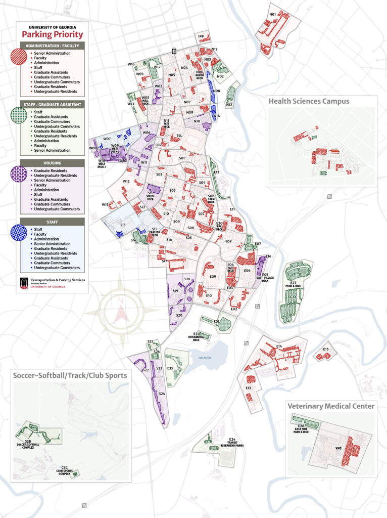 Parking Priority map showing the priority group categories for each parking lot on campus.